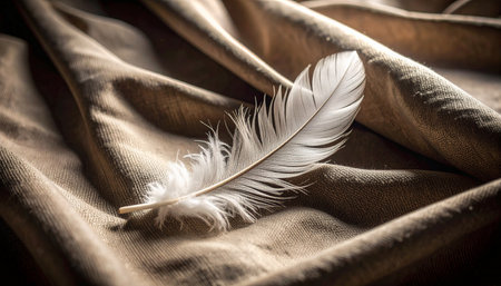 Realistic single soft white feather placed on wrinkled beige linen fabric with natural light and gentle shadows, minimal calm compositionの素材
