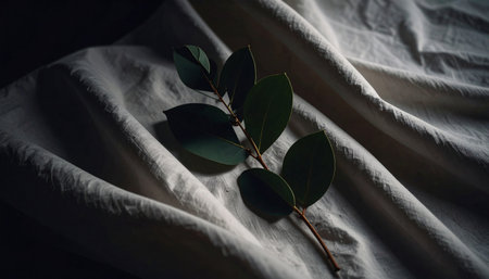 Realistic single eucalyptus branch with green leaves placed diagonally on soft wrinkled white linen fabric, natural morning lightの素材