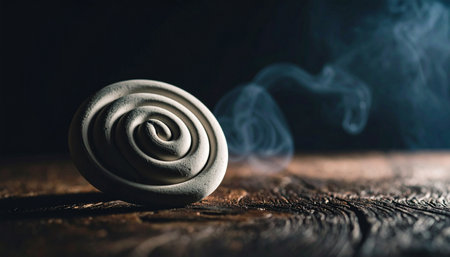 Realistic white clay spiral sculpture placed on dark rustic wooden surface with natural soft light, minimal abstract mental clarity concept,の素材