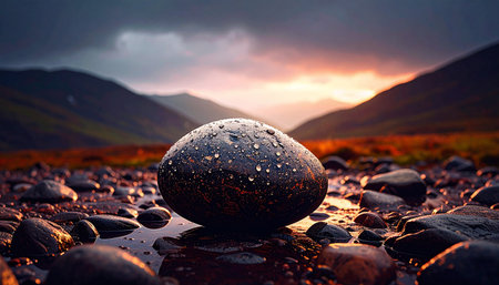Realistic single smooth grey pebble with small water droplets on dark textured stone background, natural light, calm and refresh concept,の素材