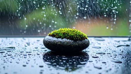 Realistic single smooth grey pebble with tiny green moss growing on top, placed on dark textured stone backgroundの素材
