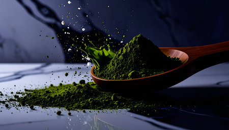 Realistic single natural wooden spoon filled with bright green matcha powder placed on white marble surface, natural soft light, minimal calm setupの素材