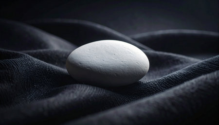Realistic single smooth white pebble placed on dark black textured fabric with natural diffused light, minimal calm compositionの素材