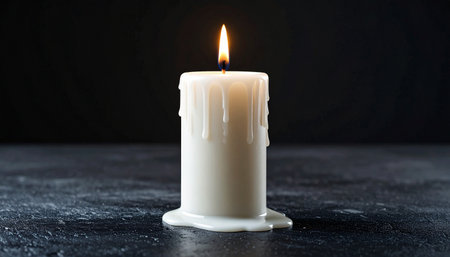 single white candle with melted wax around base placed on dark grey stone surface, soft natural light, concept of calm hopeの素材