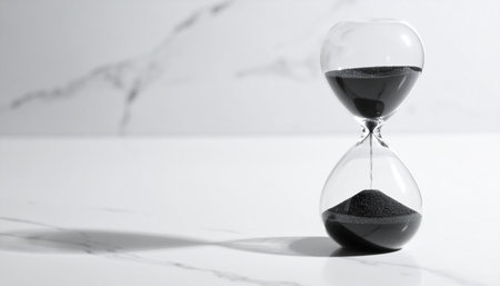 clear glass hourglass filled with fine black sand placed on white marble surface, soft natural light, concept of time focus and calmの素材