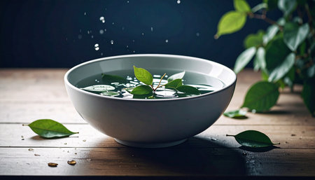 Realistic single white ceramic bowl filled with water and floating small green leaves, placed on light wooden surface, natural soft lightの素材