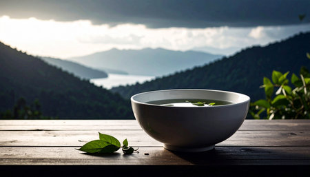 Realistic single white ceramic bowl filled with water and floating small green leaves, placed on light wooden surface, natural soft lightの素材