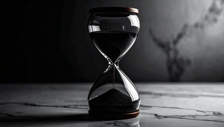 clear glass hourglass filled with fine black sand placed on white marble surface, soft natural light, concept of time focus and calmの素材