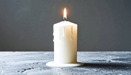 single white candle with melted wax around base placed on dark grey stone surface, soft natural light, concept of calm hopeの素材