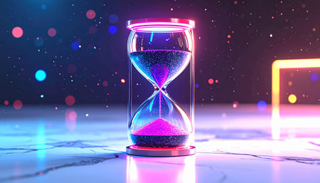 clear glass hourglass filled with fine black sand placed on white marble surface, soft natural light, concept of time focus and calmの素材