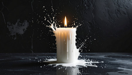 single white candle with melted wax around base placed on dark grey stone surface, soft natural light, concept of calm hopeの素材