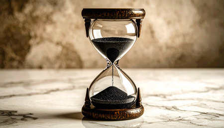 clear glass hourglass filled with fine black sand placed on white marble surface, soft natural light, concept of time focus and calmの素材