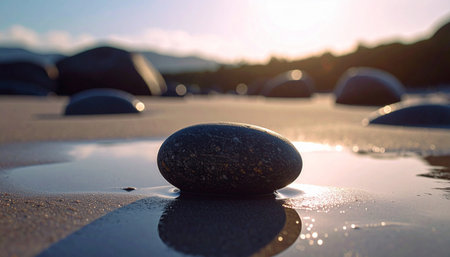 single smooth grey pebble placed on wet beige sand with gentle water reflections, natural soft light, calm grounding conceptの素材