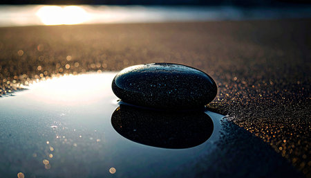 single smooth grey pebble placed on wet beige sand with gentle water reflections, natural soft light, calm grounding conceptの素材
