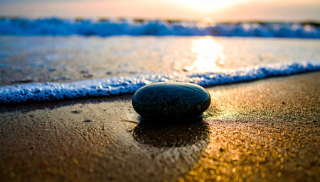 single smooth grey pebble placed on wet beige sand with gentle water reflections, natural soft light, calm grounding conceptの素材