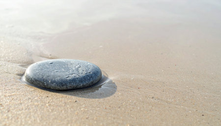 single smooth grey pebble placed on wet beige sand with gentle water reflections, natural soft light, calm grounding conceptの素材