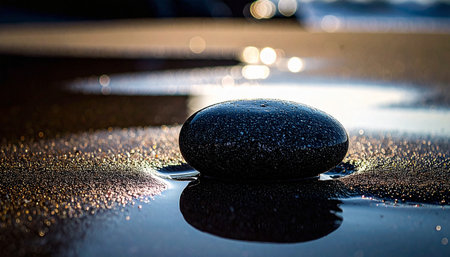 single smooth grey pebble placed on wet beige sand with gentle water reflections, natural soft light, calm grounding conceptの素材