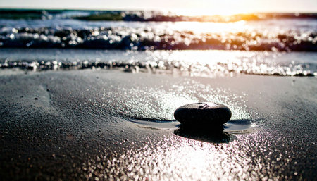 single smooth grey pebble placed on wet beige sand with gentle water reflections, natural soft light, calm grounding conceptの素材