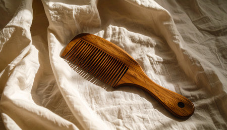 single natural wooden comb placed diagonally on wrinkled white linen fabric, natural morning light, minimal calm compositionの素材
