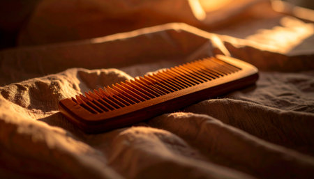 single natural wooden comb placed diagonally on wrinkled white linen fabric, natural morning light, minimal calm compositionの素材