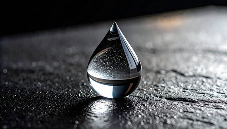 clear glass water drop placed on smooth grey stone surface, macro close up, natural soft light, minimal calm conceptの素材