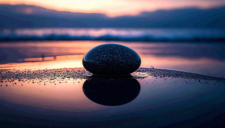 single smooth grey pebble placed on wet beige sand with gentle water reflections, natural soft light, calm grounding conceptの素材