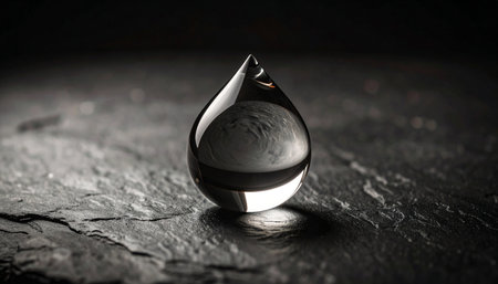 clear glass water drop placed on smooth grey stone surface, macro close up, natural soft light, minimal calm conceptの素材