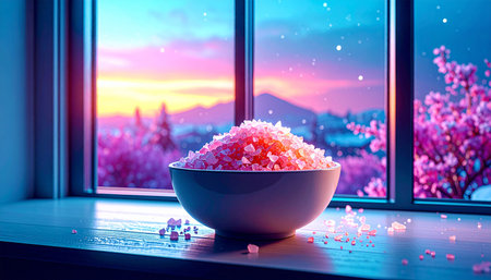 single white ceramic bowl filled with coarse pink Himalayan salt placed on light wooden surface, natural soft light,の素材