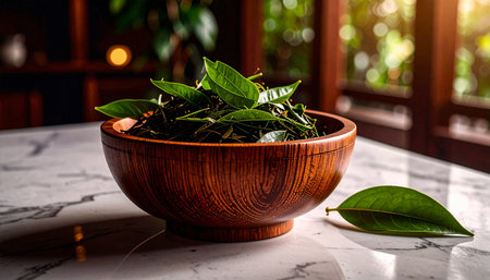 single small round wooden bowl filled with fresh bright green tea leaves placed on white marble surface, natural soft lighの素材