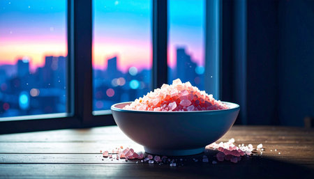 single white ceramic bowl filled with coarse pink Himalayan salt placed on light wooden surface, natural soft light,の素材