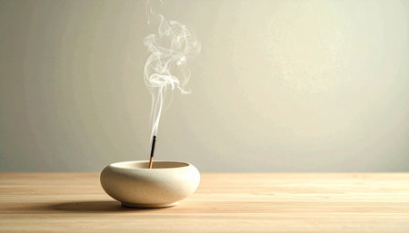 minimal white ceramic incense holder with thin burning incense stick and soft smoke trails, placed on light wooden surface, natural soft lightの素材