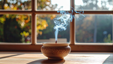 minimal white ceramic incense holder with thin burning incense stick and soft smoke trails, placed on light wooden surface, natural soft lightの素材