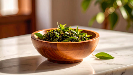 single small round wooden bowl filled with fresh bright green tea leaves placed on white marble surface, natural soft lighの素材