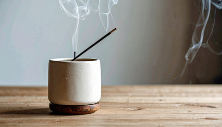 minimal white ceramic incense holder with thin burning incense stick and soft smoke trails, placed on light wooden surface, natural soft lightの素材