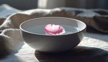 single white ceramic bowl filled with clear water and single floating pink flower petal, placed on natural linen cloth, soft morning lightの素材