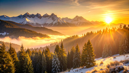 Snow capped mountain peaks at sunrise with mist filled valleys, golden light, pine forestsの素材