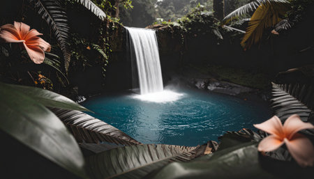 Turquoise waterfall cascading into emerald pool surrounded by giant ferns, tropical flowers, humidity mist, rainforest ambianceの素材