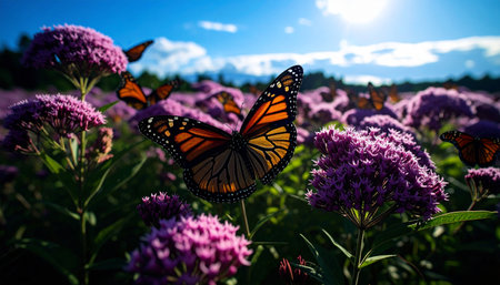 Closeup of orange Monarch butterflies clustering on pink milkweed flowers, shallow depth of field, summer meadow, biodiversity focus.の素材