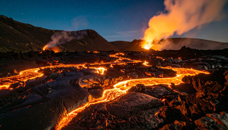 Glowing red lava river flowing through cracked black rock under starry sky, steam plumes, volcanic landscape, no humans.の素材