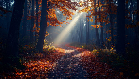 Curving forest trail covered in yellow and red maple leaves, sunbeams piercing canopy, misty morning, no people, cinematic lighting.の素材