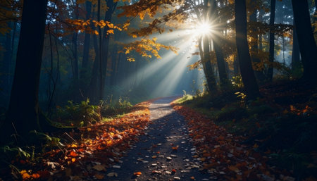 Curving forest trail covered in yellow and red maple leaves, sunbeams piercing canopy, misty morning, no people, cinematic lighting.の素材