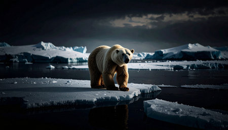 Lone polar bear walking on melting sea ice, cracked blue glaciers background, climate change symbolism, photorealistic wildlife.の素材