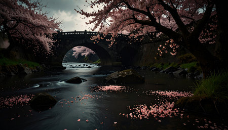 Pink sakura petals floating on serene river, ancient stone bridge in background, soft spring light, no people.の素材