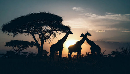 Acacia trees and grazing giraffes silhouetted against fiery sunset, golden savanna grasses, Amboseli backdrop.の素材