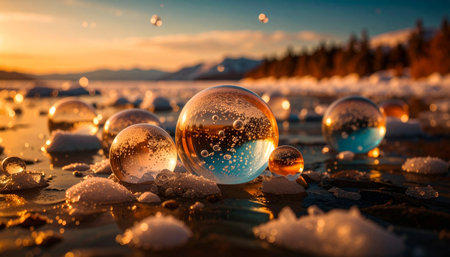 Trapped oxygen bubbles under crystal-clear ice patterns, abstract blue formations, winter macro photography.の素材