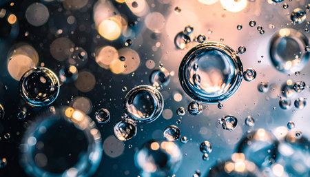 Trapped oxygen bubbles under crystal-clear ice patterns, abstract blue formations, winter macro photography.の素材