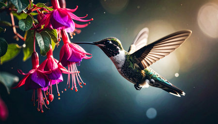 Ruby throated hummingbird drinking nectar from purple fuchsia flowers, frozen motion, garden bokeh, no humans.の素材