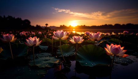 Pink and white lotus blossoms floating on still pond at sunrise, water droplets on leaves, Zen tranquility.の素材