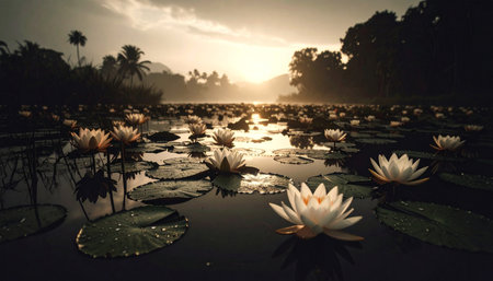Pink and white lotus blossoms floating on still pond at sunrise, water droplets on leaves, Zen tranquility.の素材