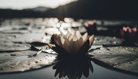 Pink and white lotus blossoms floating on still pond at sunrise, water droplets on leaves, Zen tranquility.の素材